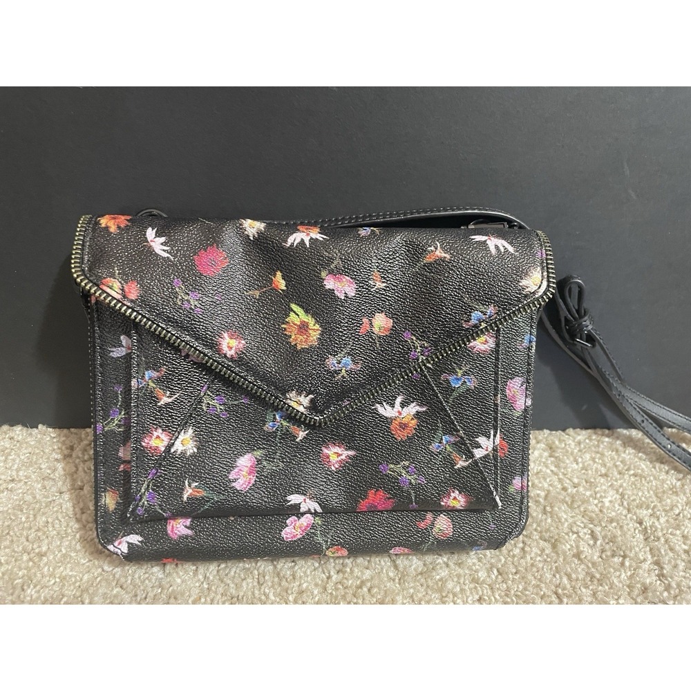 Rebecca Minkoff Envelope Style Crossbody Purse Black w/ Flowers Zipper‎ Accent